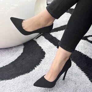 LURNYET BLACK SUEDE Women Pointed-Toe Pumps with Stiletto 4 inch Heels